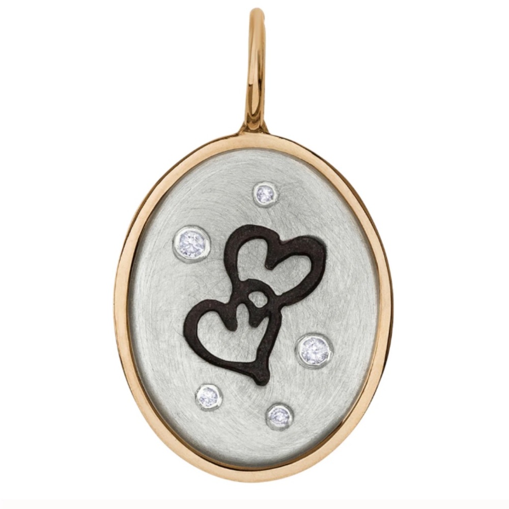 Heather B. Moore double heart oval charm yellow gold and diamonds for necklace
